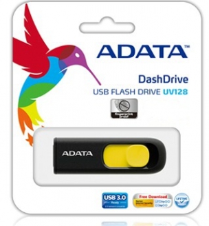 Atmintukas Adata UV128 16GB USB3, Be dangtelio, Ištraukiamas, Juodai geltonas